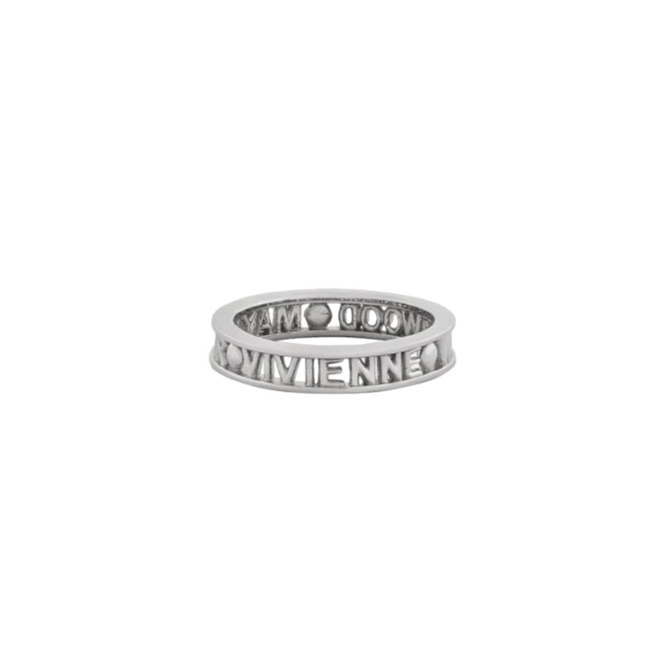 Silver ring with 'Vivienne' engraving on a white background