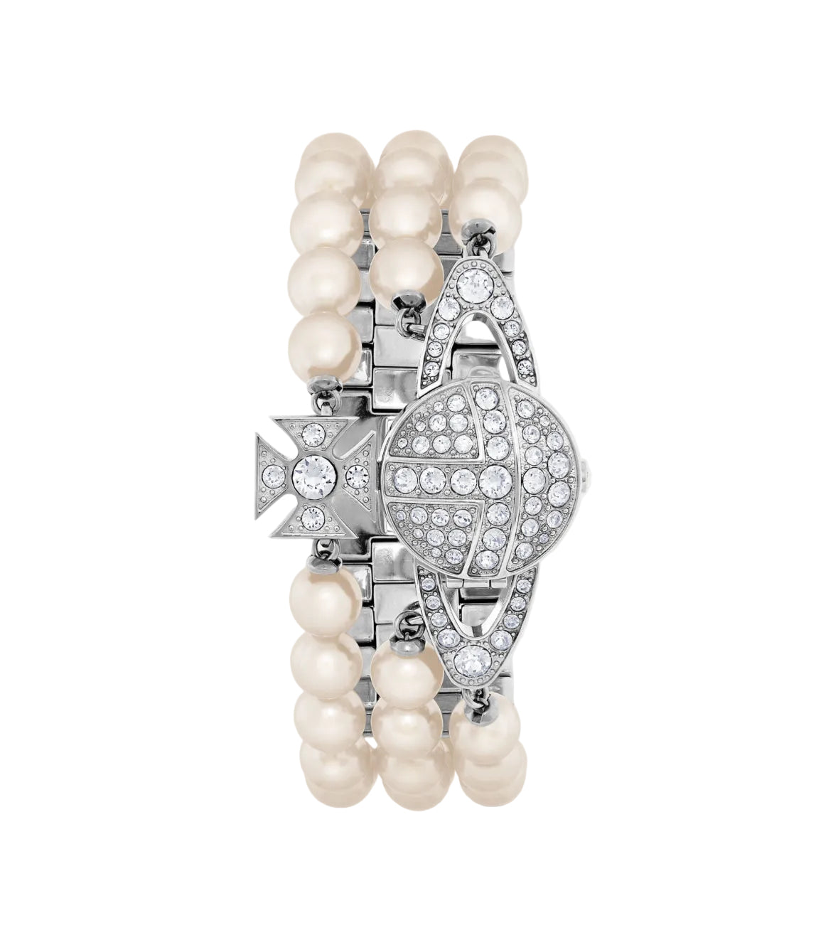 Silver bracelet with pearl beads on a white background