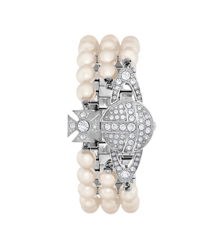Silver bracelet with pearl beads on a white background