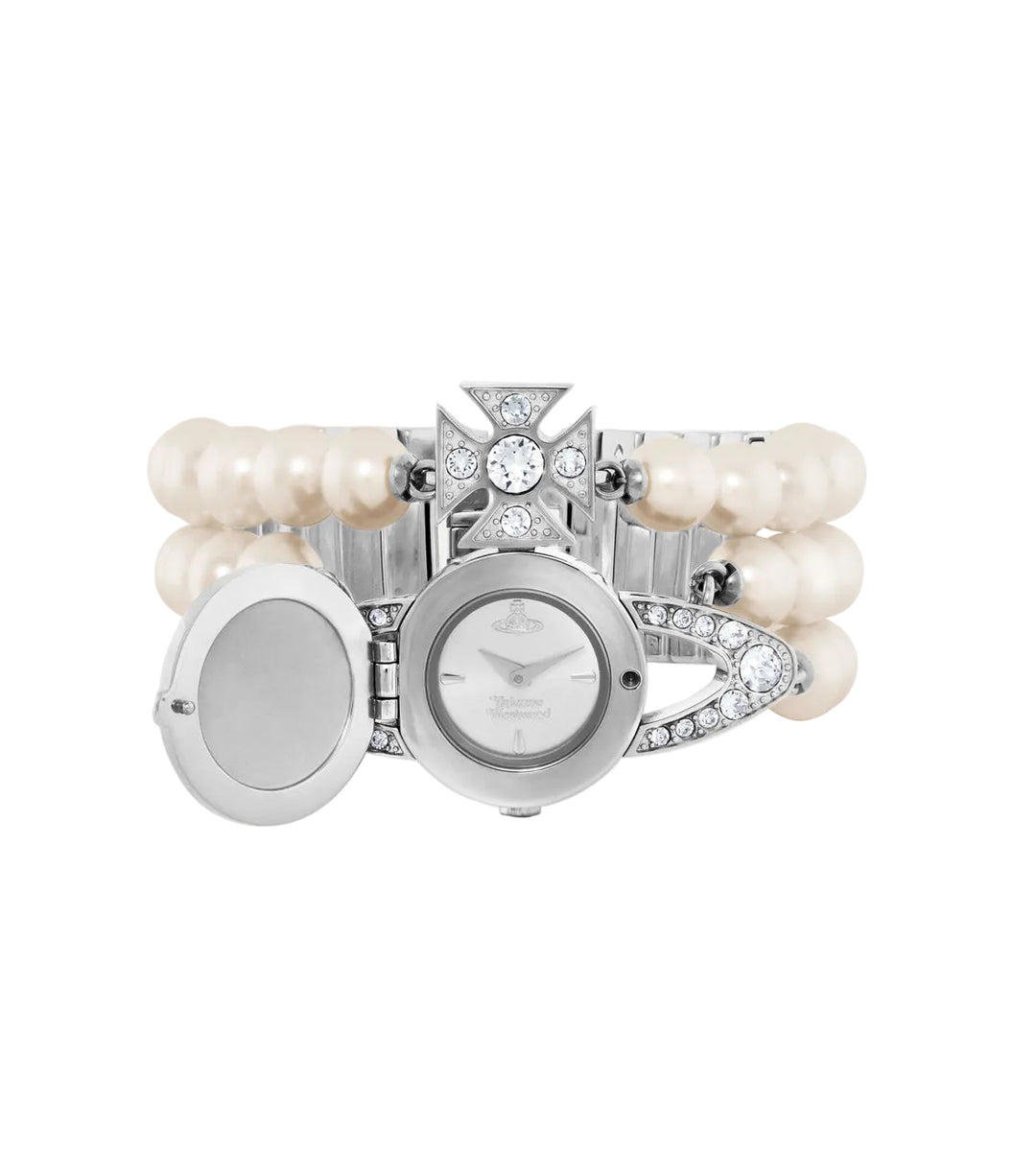 Silver watch with pearl and crystal accents on a white background