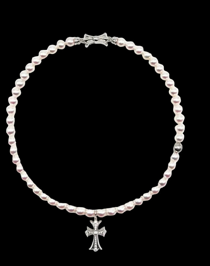 Chrome Hearts  Mikimoto 18K White Gold Cross Akoyo Pearl Necklace