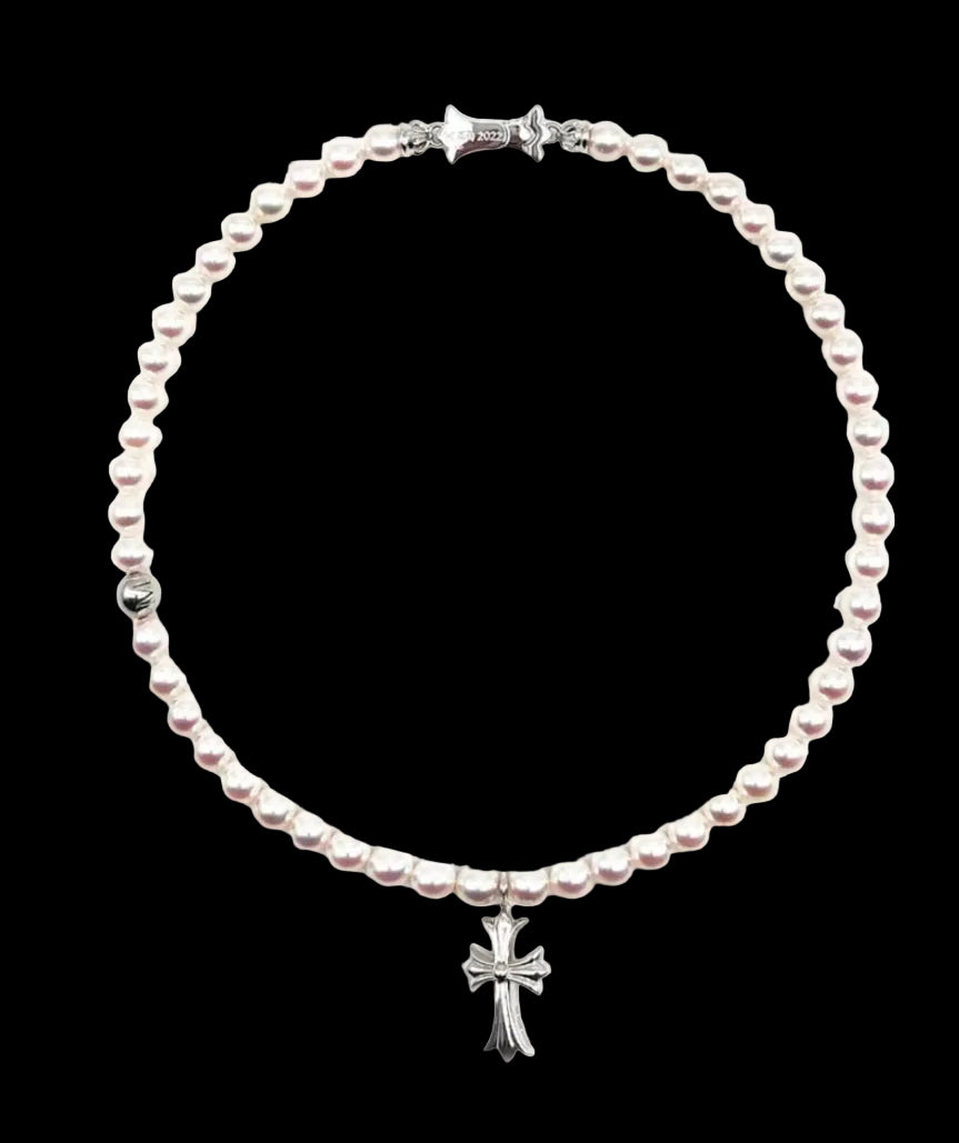 Chrome Hearts  Mikimoto 18K White Gold Cross Akoyo Pearl Necklace