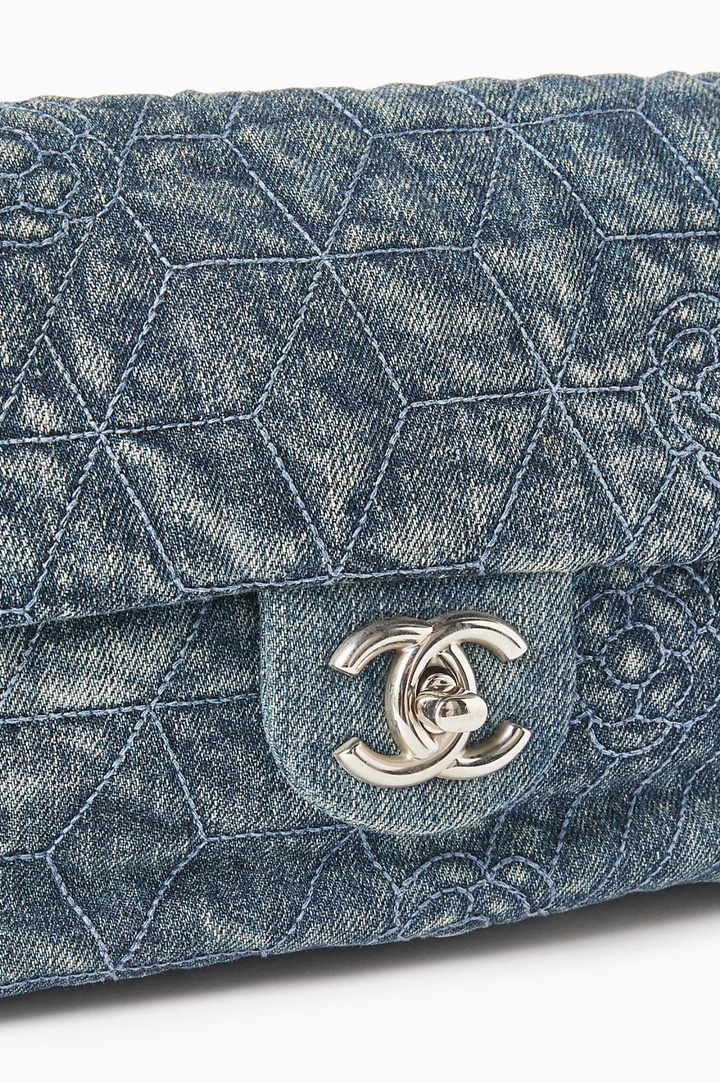 Chanel 2010s Camellia Stitched Single Flap Shoulder Bag in Denim
